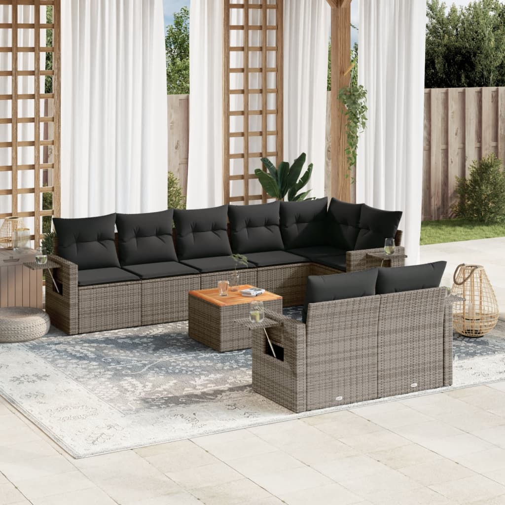 Vetonek Set de muebles de jardín 9 pzas y cojines ratán sintético gris