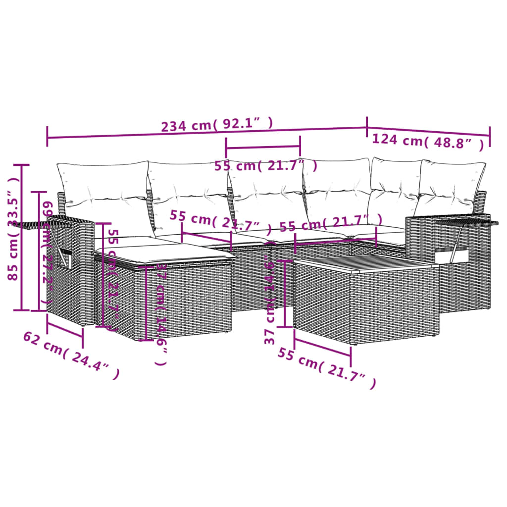Set de comedor de jardín 7 pzas y cojines ratán sintético negro V5266 Vetonek
