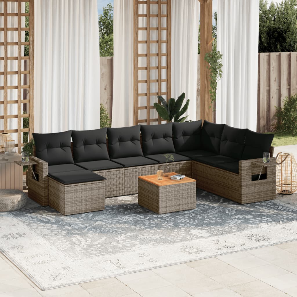 Vetonek Set de muebles de jardín 9 pzas y cojines ratán sintético gris