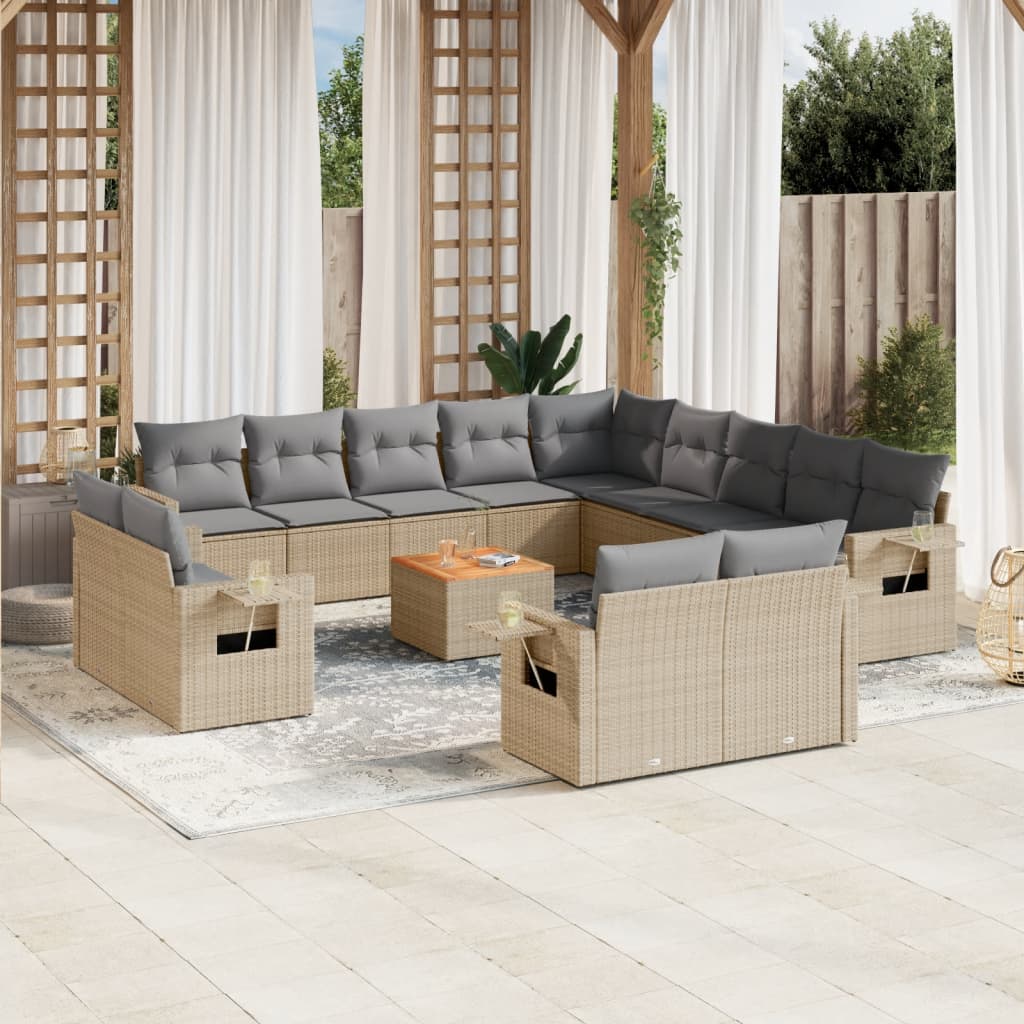 Vetonek Set sofás de jardín 14 pzas con cojines ratán sintético beige