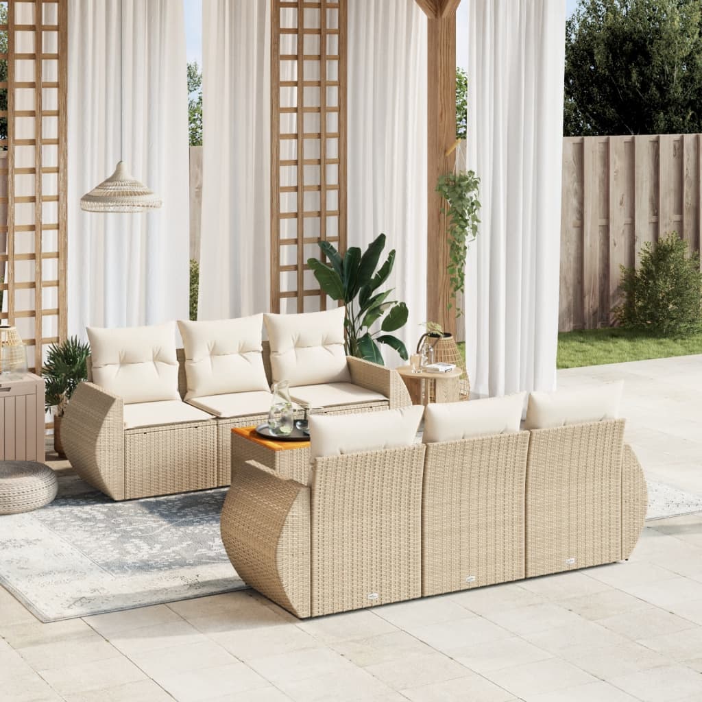 Set sofás de jardín 7 piezas y cojines ratán sintético beige