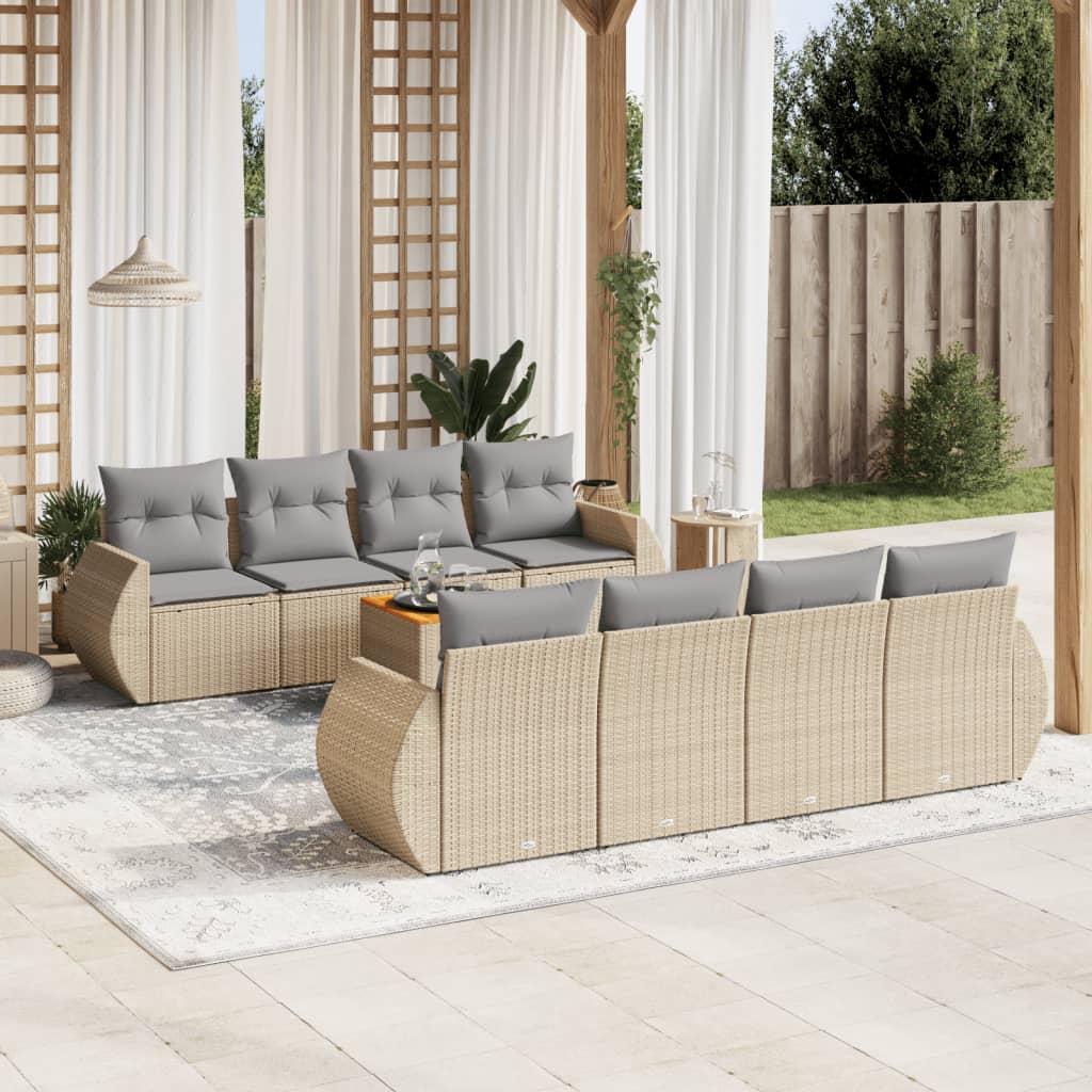 Vetonek Set de sofás de jardín 9 pzas con cojines ratán sintético beige