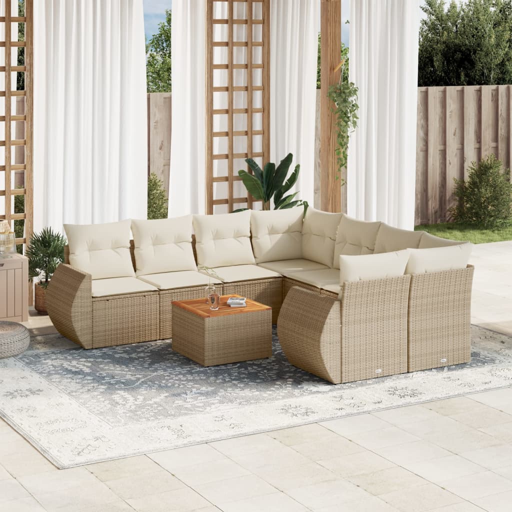 Vetonek Set de sofás de jardín 9 pzas con cojines ratán sintético beige