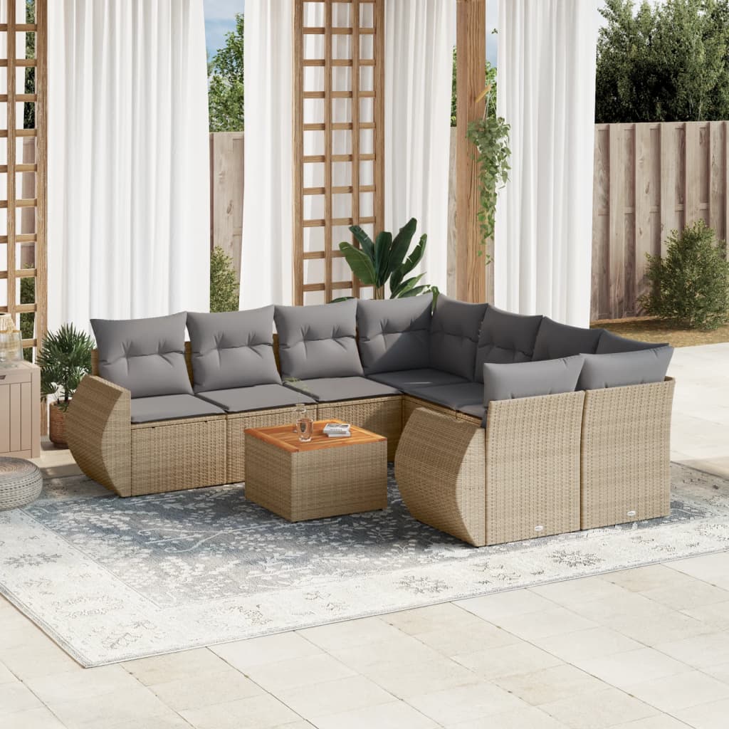 Vetonek Set de sofás de jardín 9 pzas con cojines ratán sintético beige