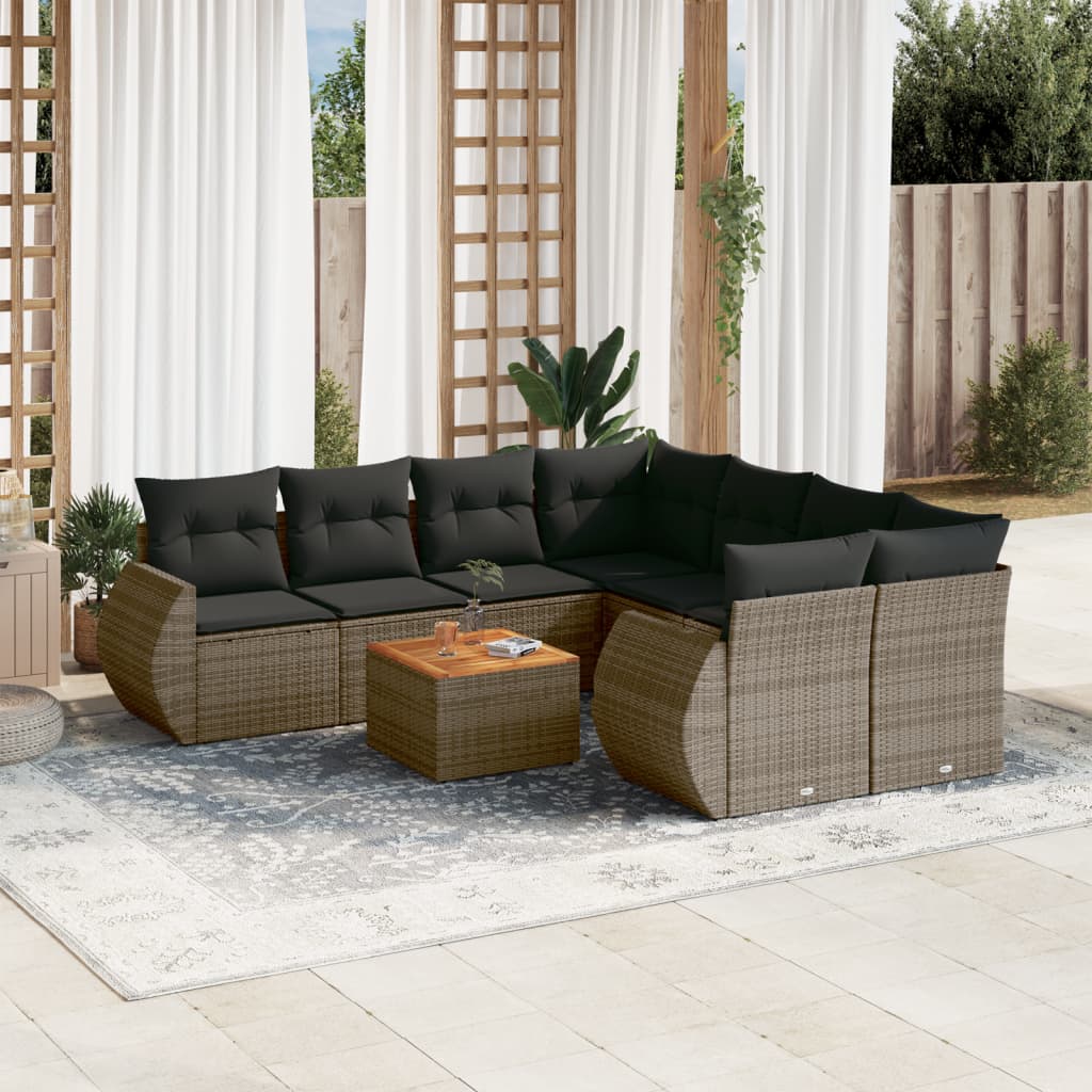 Vetonek Set de muebles de jardín 9 pzas y cojines ratán sintético gris