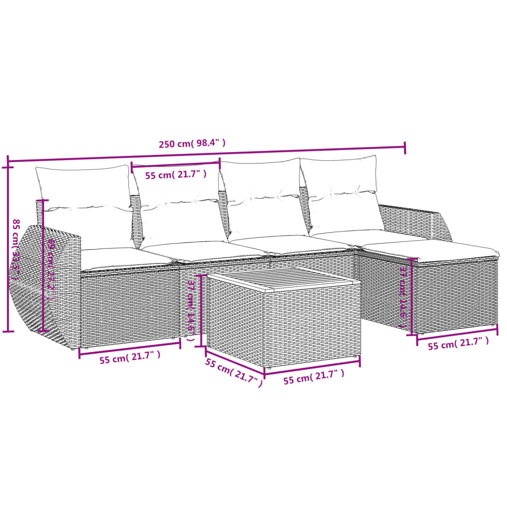 Set de muebles de jardín 6 pzas y cojines ratán sintético gris - Vetonek