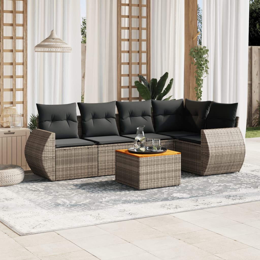 Vetonek Set de muebles de jardín 6 pzas y cojines ratán sintético gris