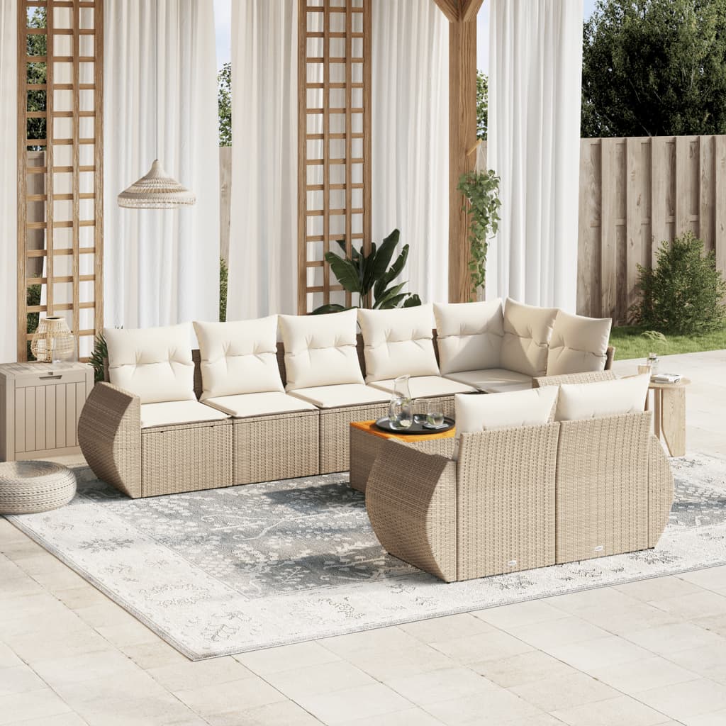 Vetonek Set de sofás de jardín 9 pzas con cojines ratán sintético beige