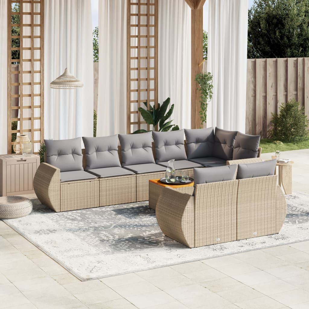 Vetonek Set de sofás de jardín 9 pzas con cojines ratán sintético beige