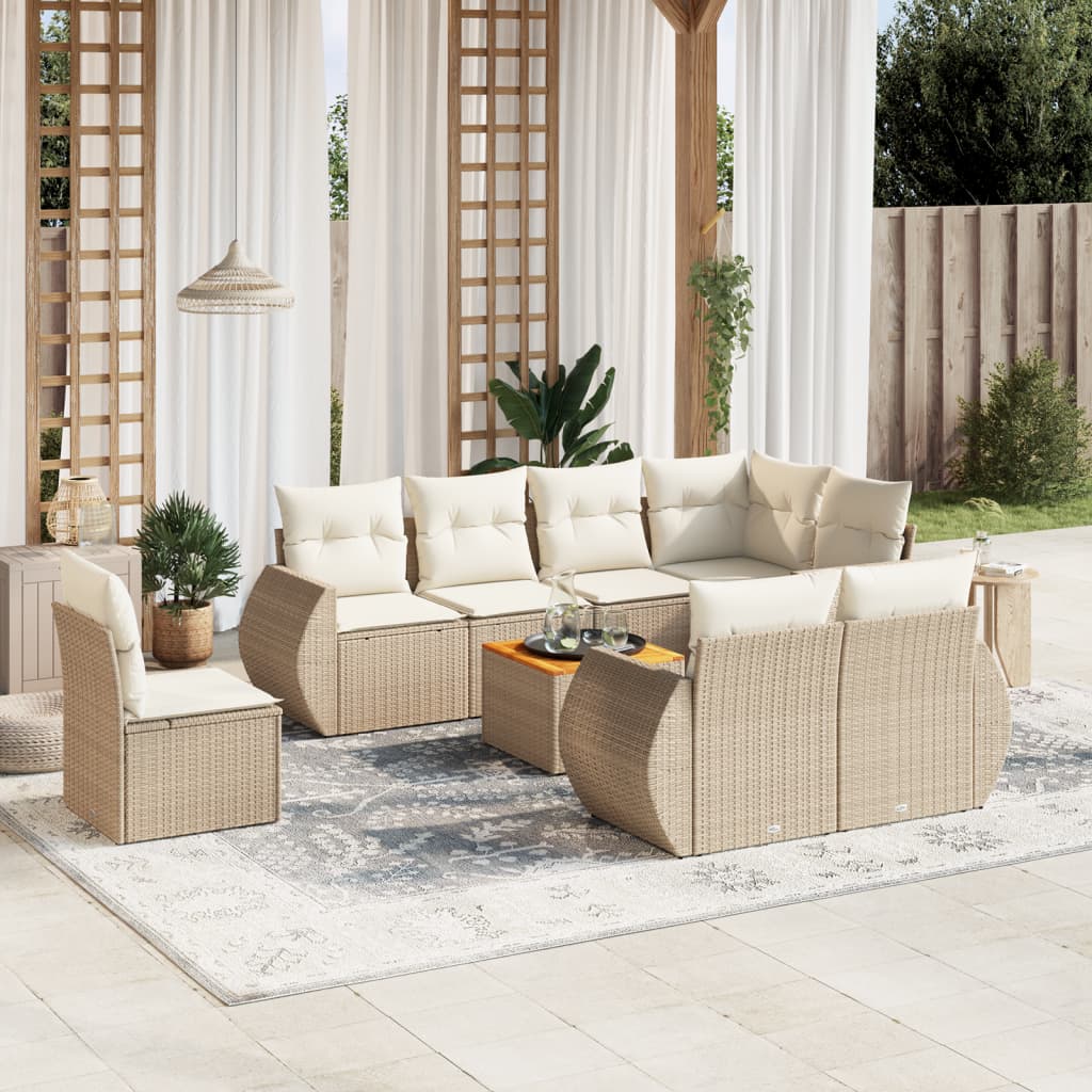 Vetonek Set de sofás de jardín 9 pzas con cojines ratán sintético beige