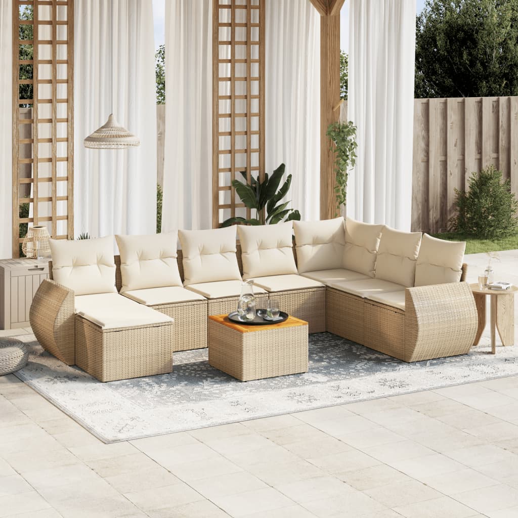 Vetonek Set de sofás de jardín 9 pzas con cojines ratán sintético beige