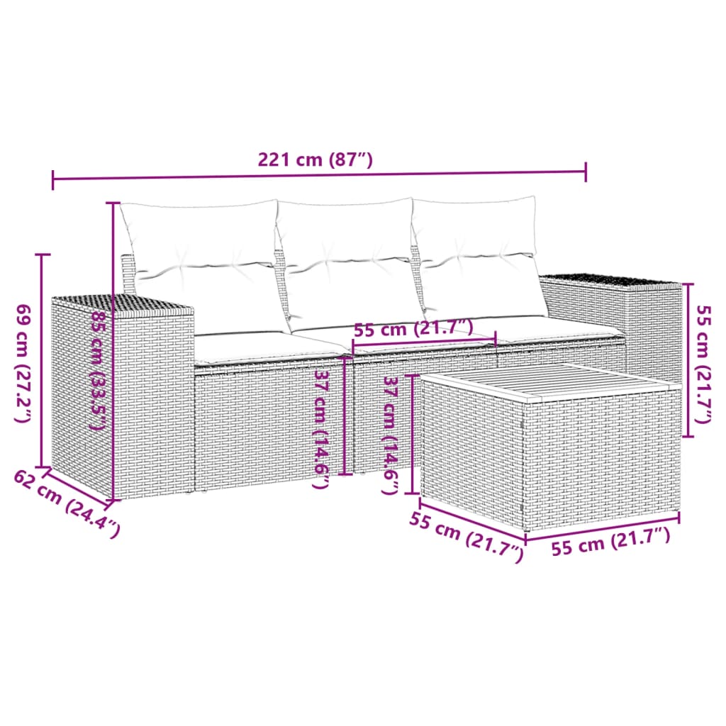 4 pcs garden sofas set and gray synthetic rattan cushions