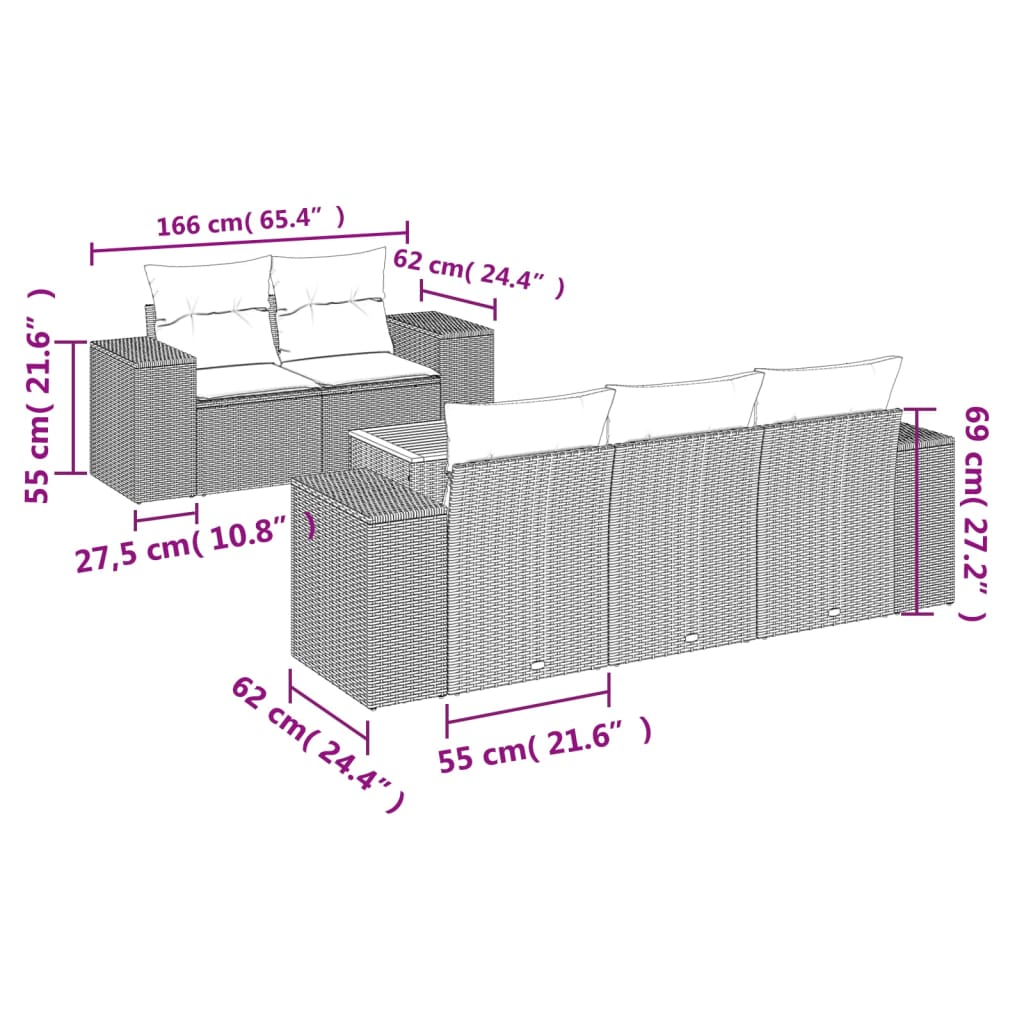 Ensemble de meubles de jardin 6 pcs et coussins de rotin synthétique gris