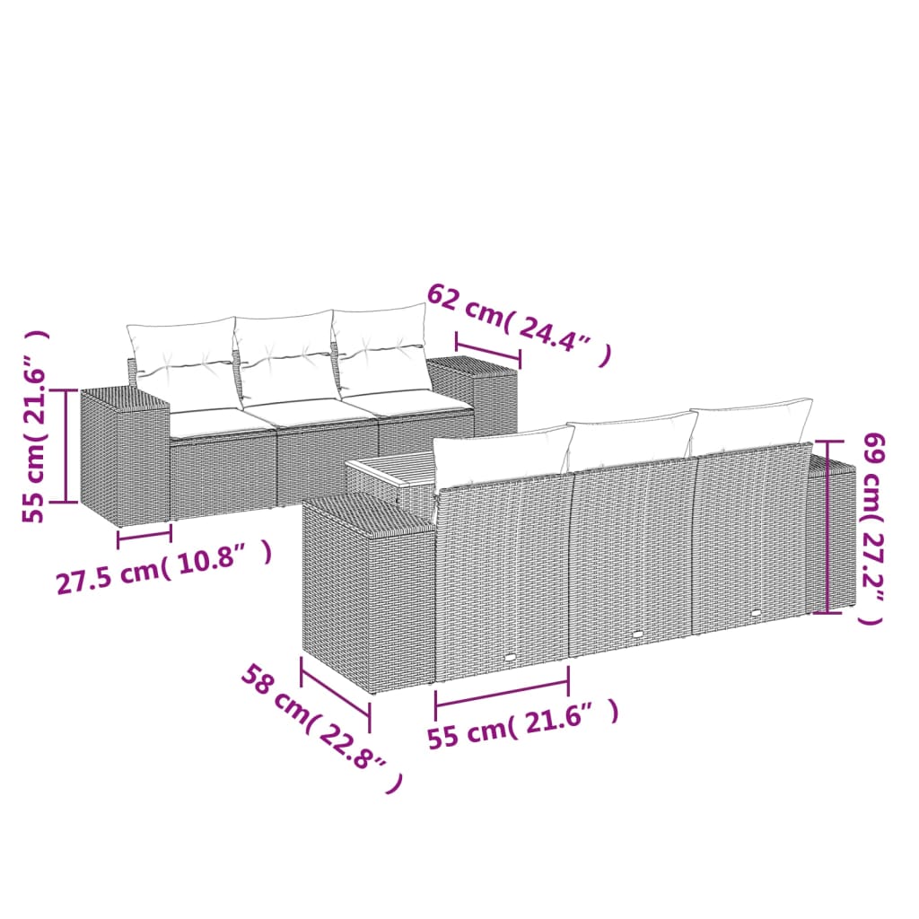 Set sofás de jardín 7 piezas y cojines ratán sintético beige - Vetonek