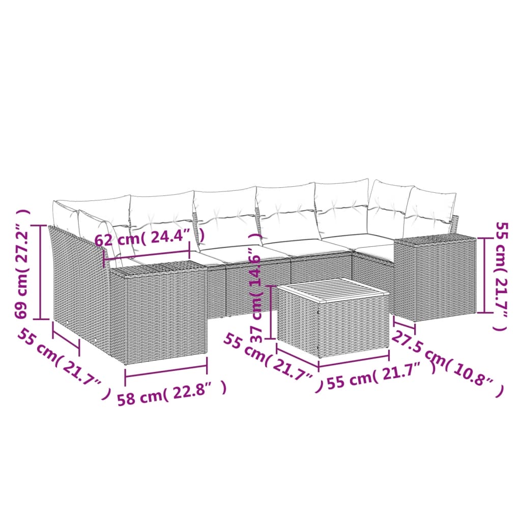 Jeu de canapés de jardin avec coussins beige 8 pcs ratán pe