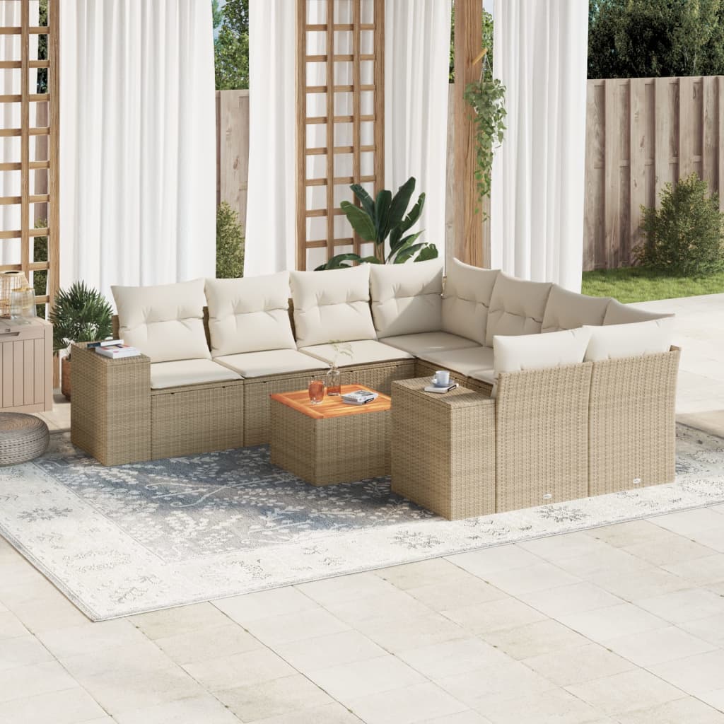 Vetonek Set de sofás de jardín 9 pzas con cojines ratán sintético beige