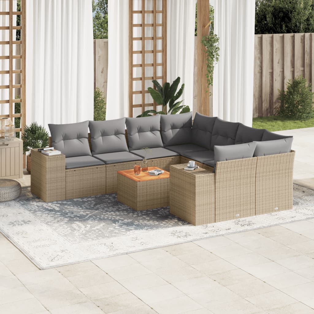 Vetonek Set de sofás de jardín 9 pzas con cojines ratán sintético beige