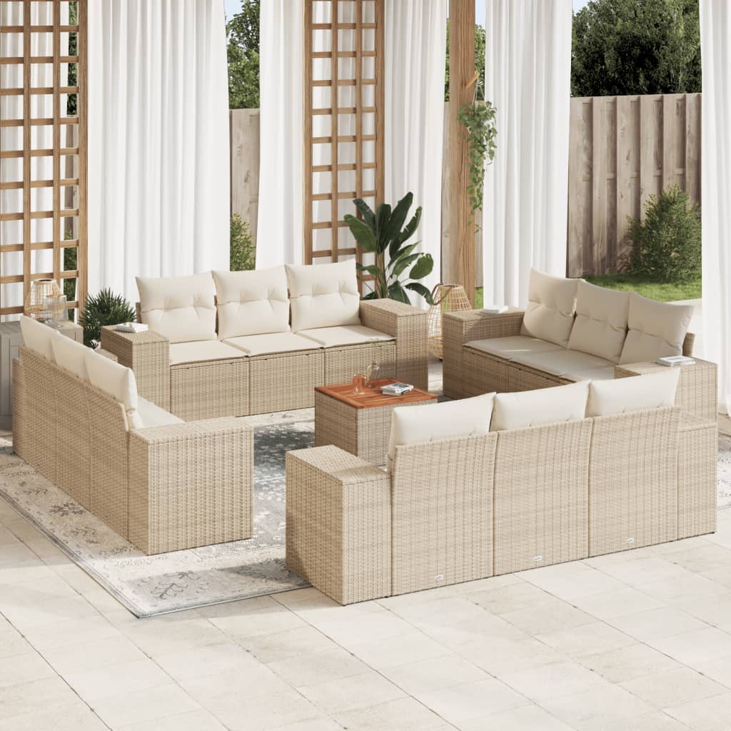 Set sofás de jardín con cojines 13 pzas ratán sintético beige