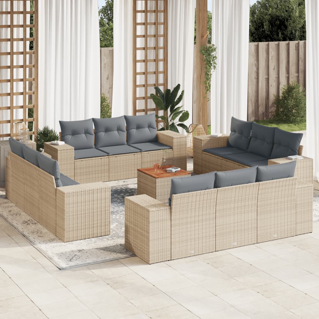 Set sofás de jardín con cojines 13 pzas ratán sintético beige