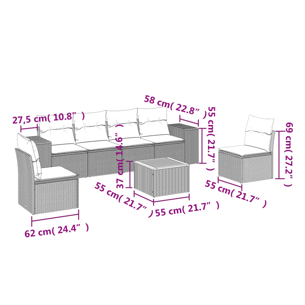 Conjunto de jantares de jardim 7 PCs e almofadas de vime sintético preto