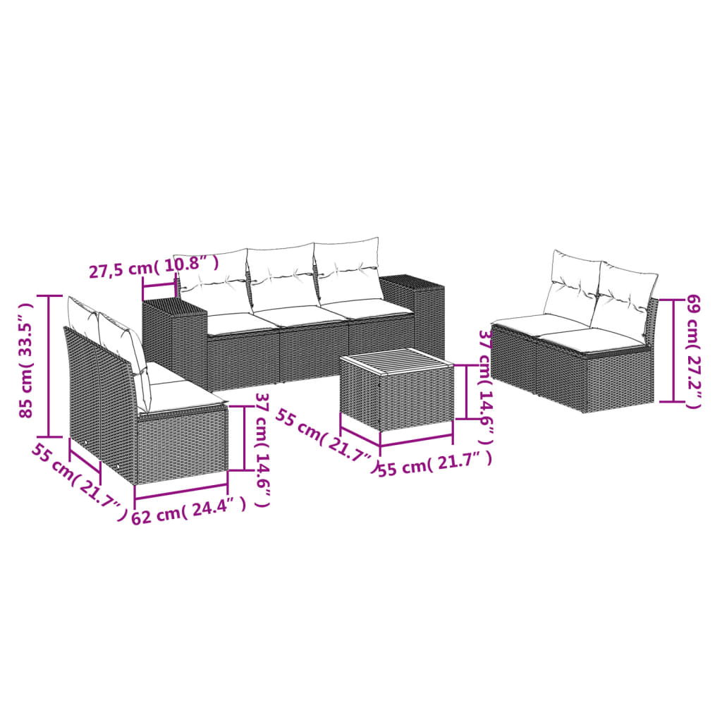 Set de sofás de jardín 8 piezas y cojines ratán sintético negro - Vetonek