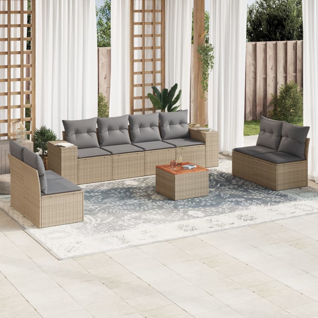 Vetonek Set de sofás de jardín 9 pzas con cojines ratán sintético beige