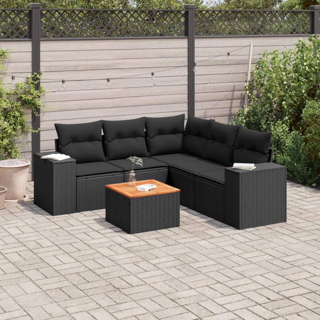 Vetonek Set muebles de jardín 6 piezas y cojines ratán sintético negro