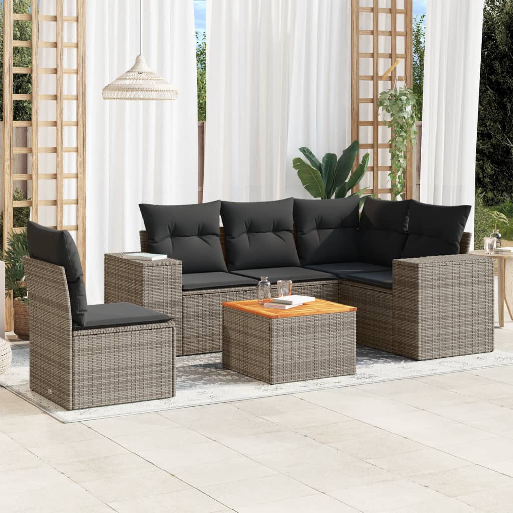 Vetonek Set de muebles de jardín 6 pzas y cojines ratán sintético gris