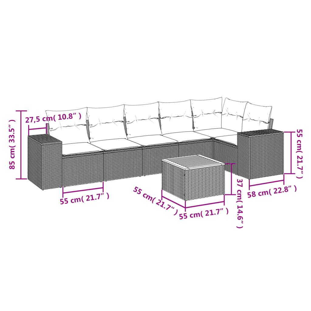 Set de comedor de jardín 7 pzas y cojines ratán sintético negro - Vetonek