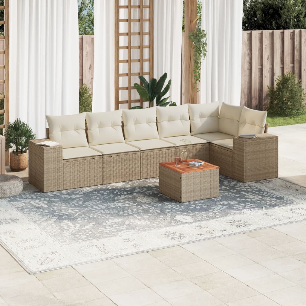 Set sofás de jardín 7 piezas y cojines ratán sintético beige