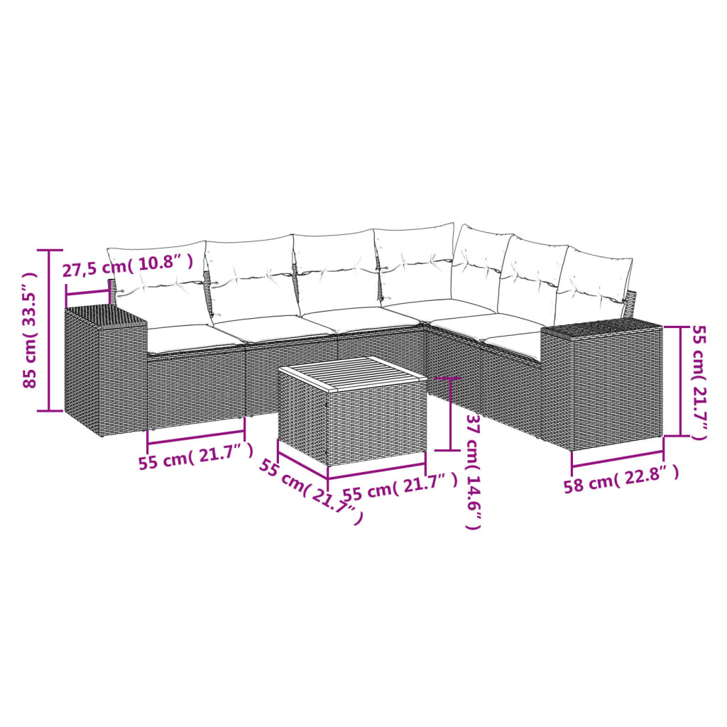 Conjunto de jantares de jardim 7 PCs e almofadas de vime sintético preto