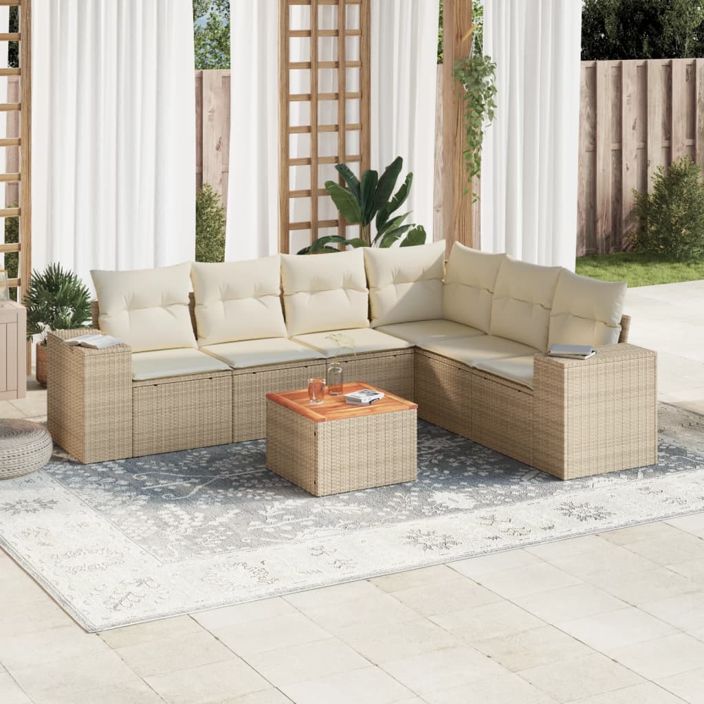 Set sofás de jardín 7 piezas y cojines ratán sintético beige