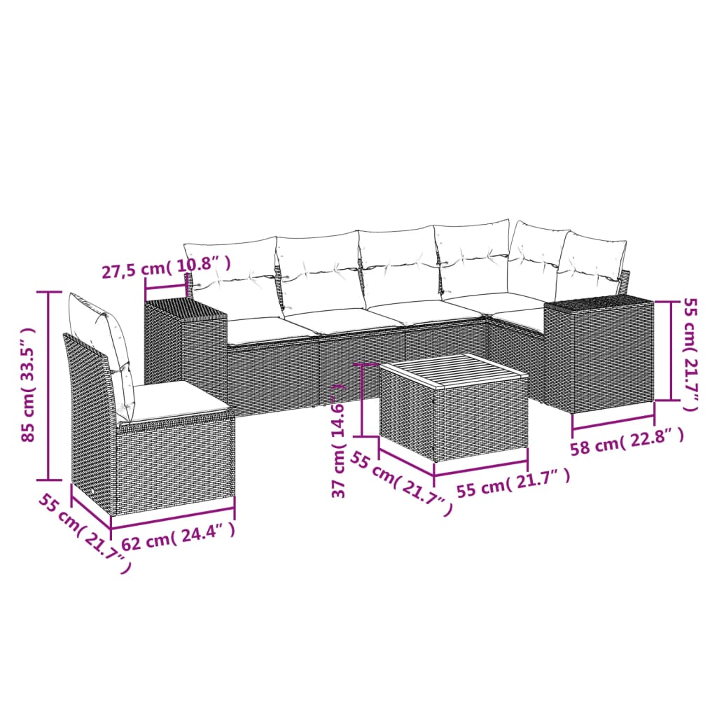 Set de comedor de jardín 7 pzas y cojines ratán sintético negro - Vetonek