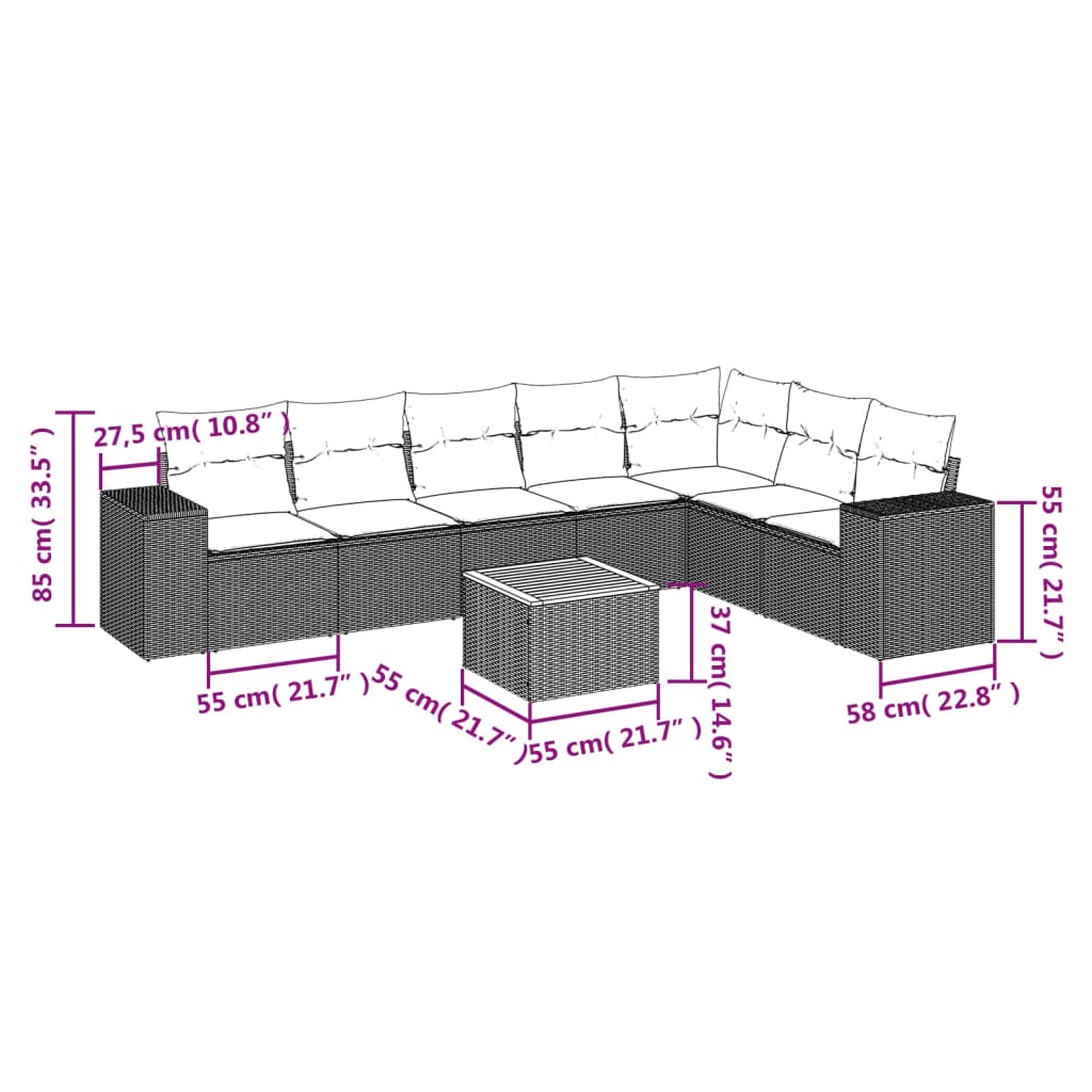 Set de sofás de jardín 8 piezas y cojines ratán sintético negro