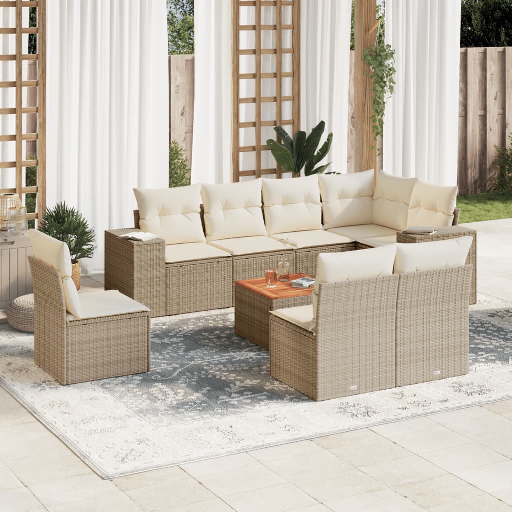 Vetonek Set de sofás de jardín 9 pzas con cojines ratán sintético beige