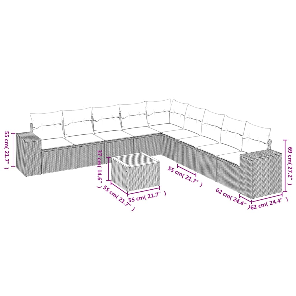 Conjunto de sofás de jardim 10 pcs almofadas de preto sintético