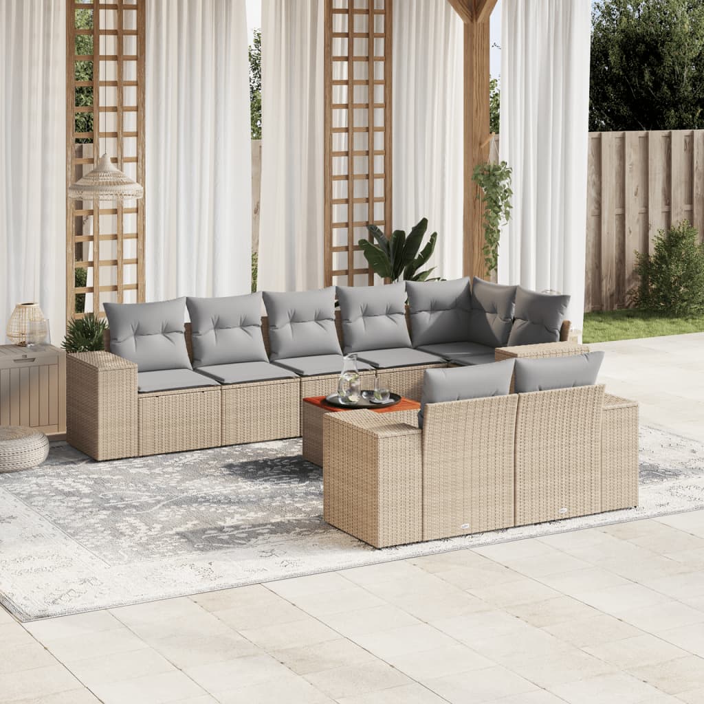 Vetonek Set de sofás de jardín 9 pzas con cojines ratán sintético beige