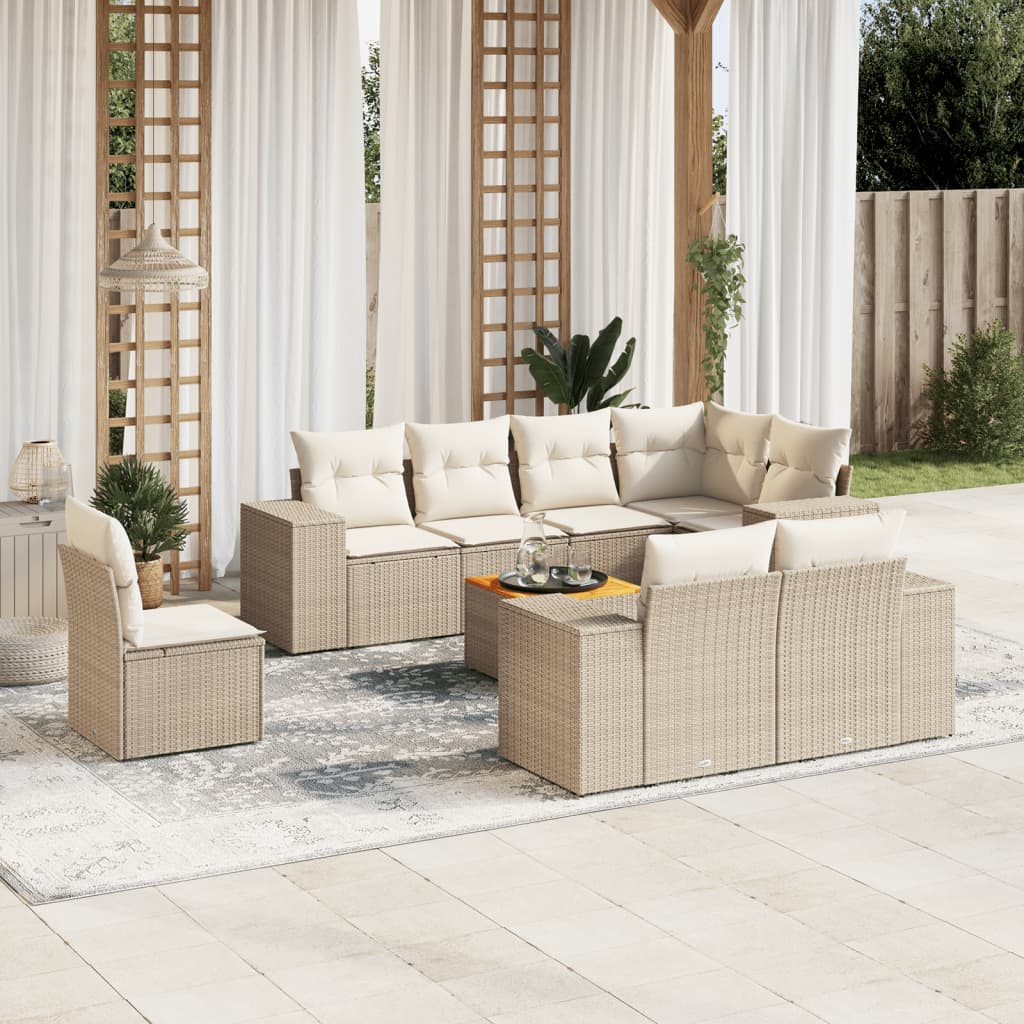 Vetonek Set de sofás de jardín 9 pzas con cojines ratán sintético beige