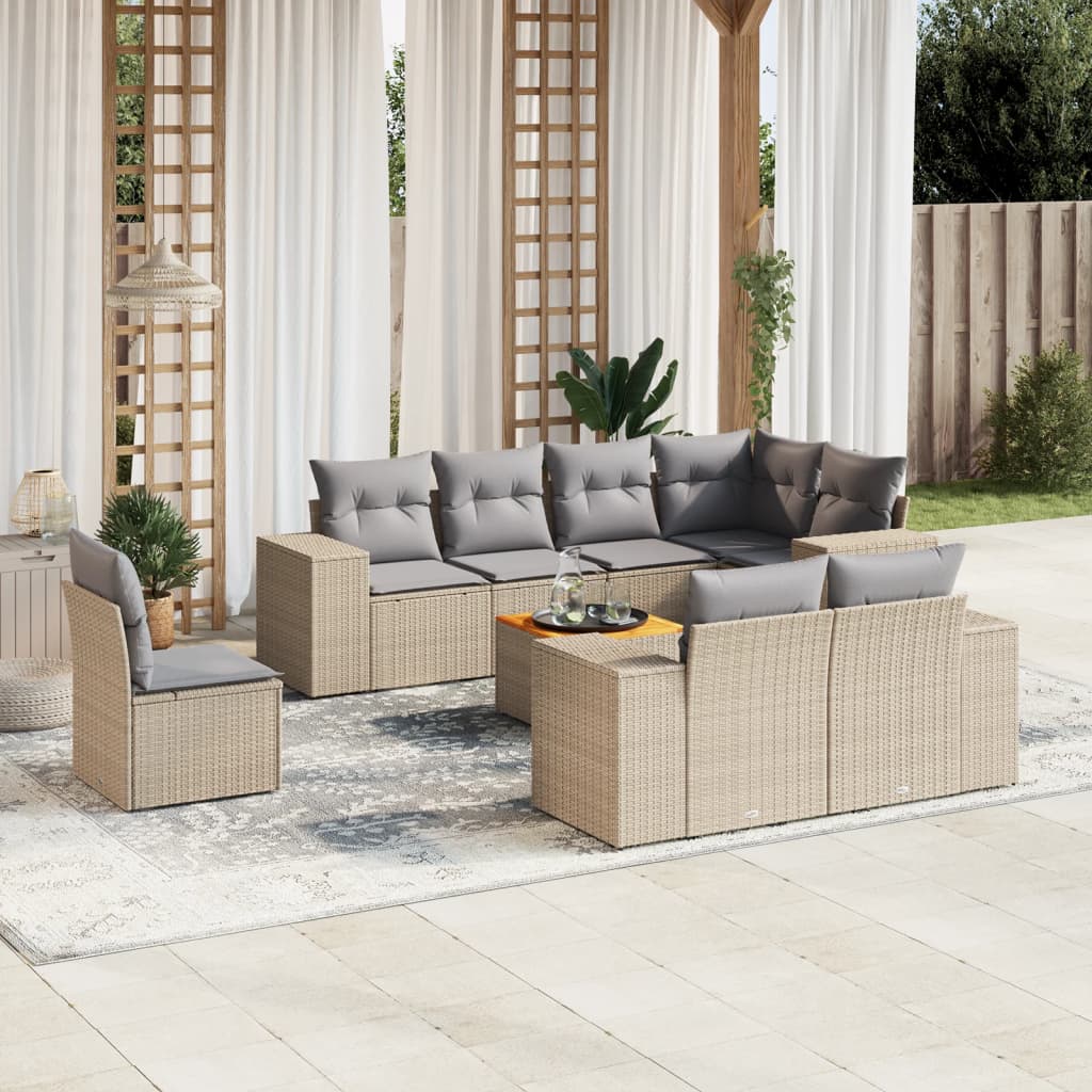 Vetonek Set de sofás de jardín 9 pzas con cojines ratán sintético beige