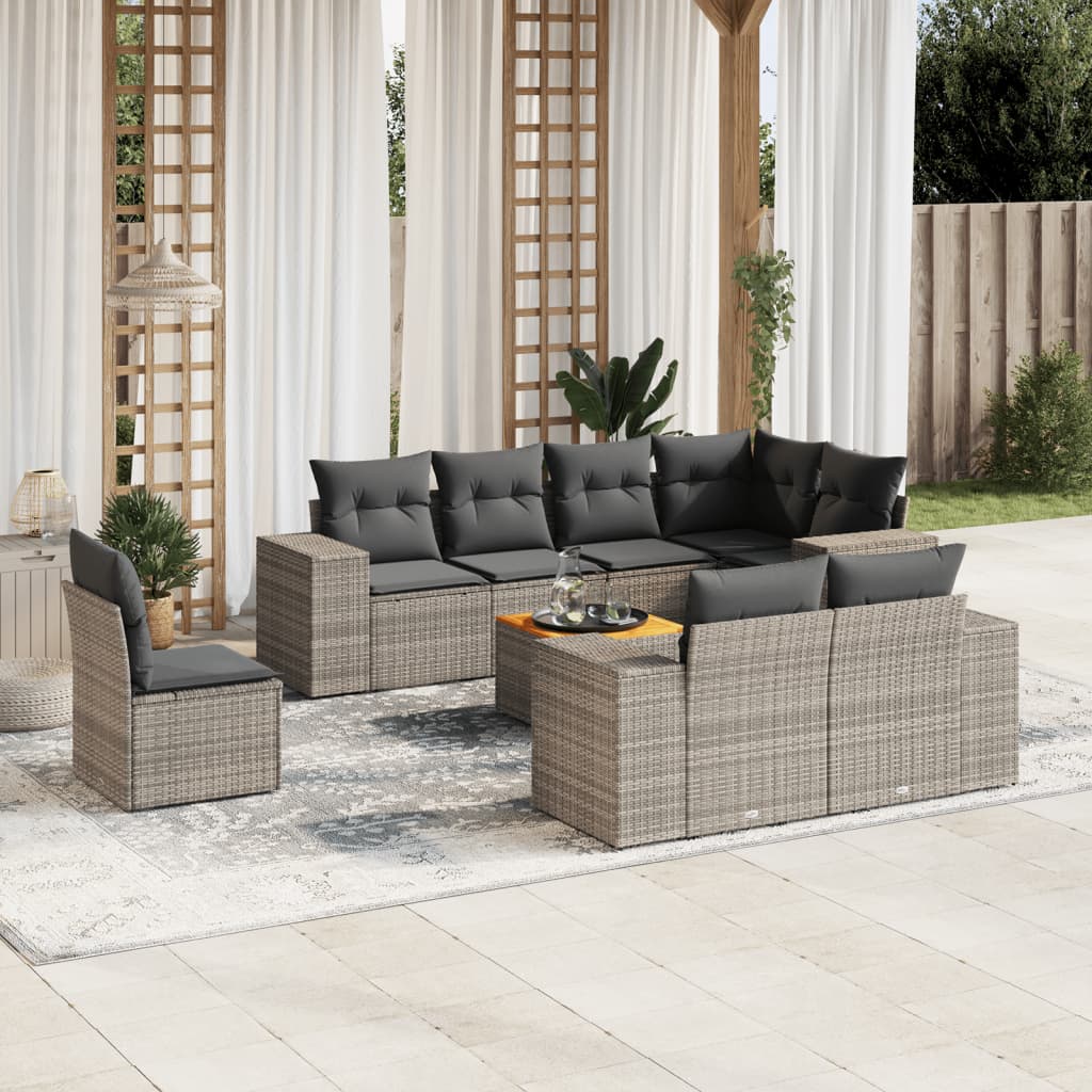 Vetonek Set de muebles de jardín 9 pzas y cojines ratán sintético gris