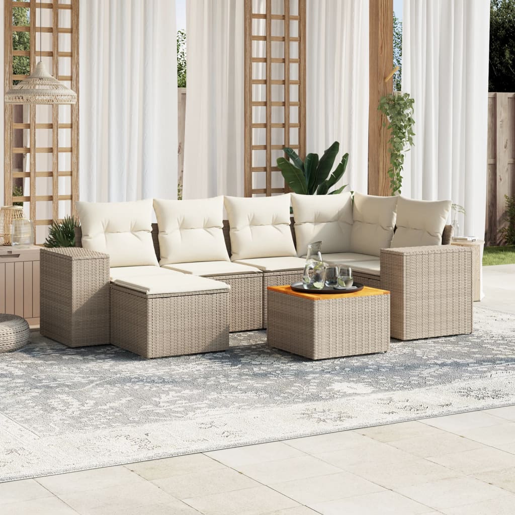 Set sofás de jardín 7 piezas y cojines ratán sintético beige