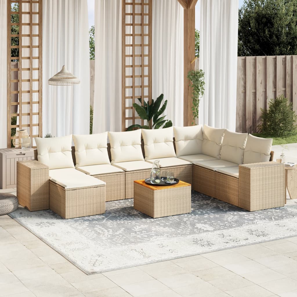 Vetonek Set de sofás de jardín 9 pzas con cojines ratán sintético beige