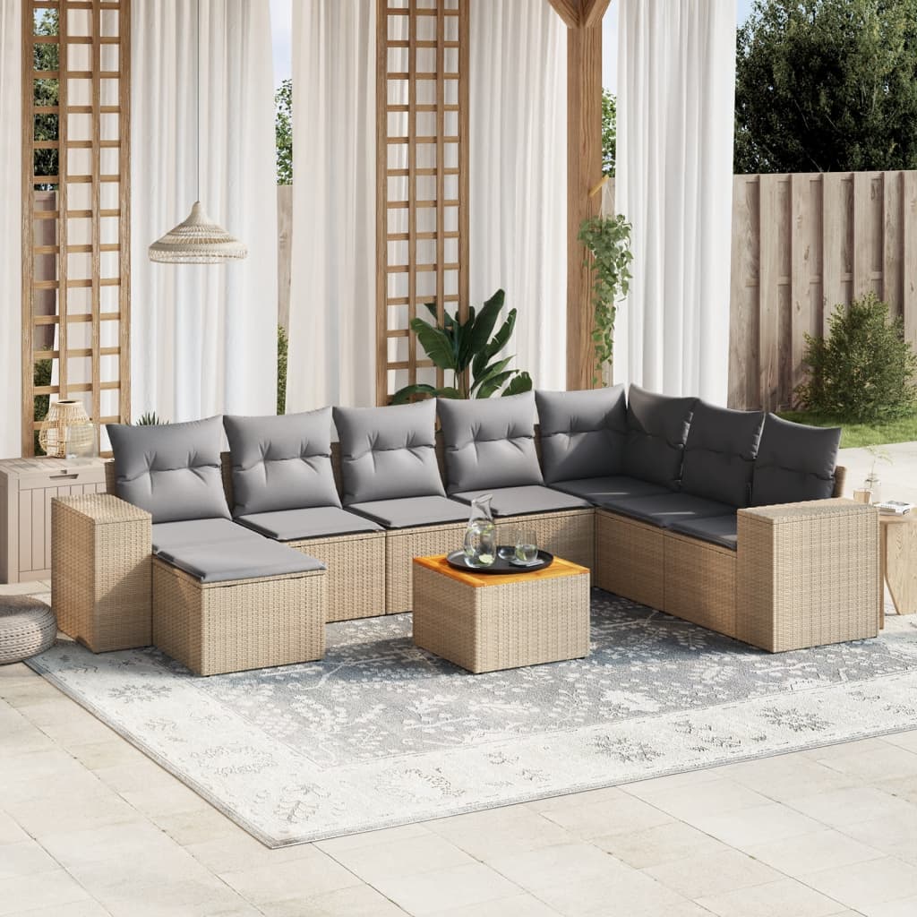 Vetonek Set de sofás de jardín 9 pzas con cojines ratán sintético beige