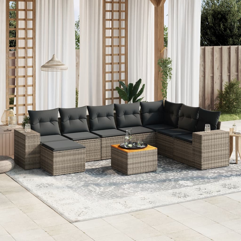 Vetonek Set de muebles de jardín 9 pzas y cojines ratán sintético gris