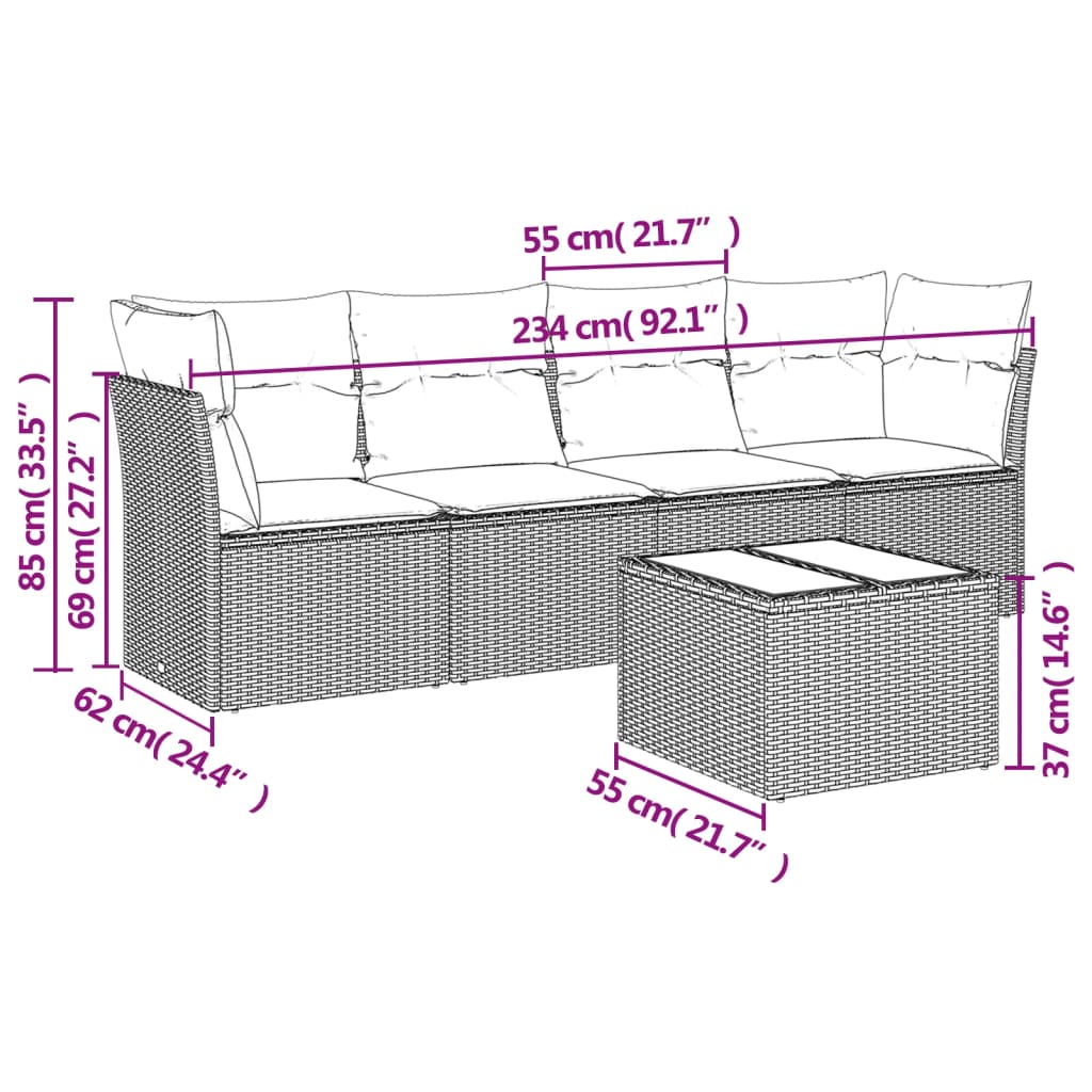 Conjunto de jantar de jardim de 5 peças e almofadas de vime sintético marrom