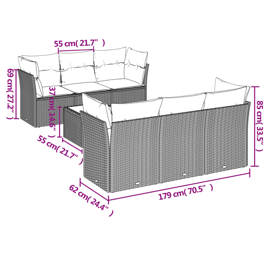 Conjunto de jantares de jardim 7 PCs e almofadas de vime sintético preto