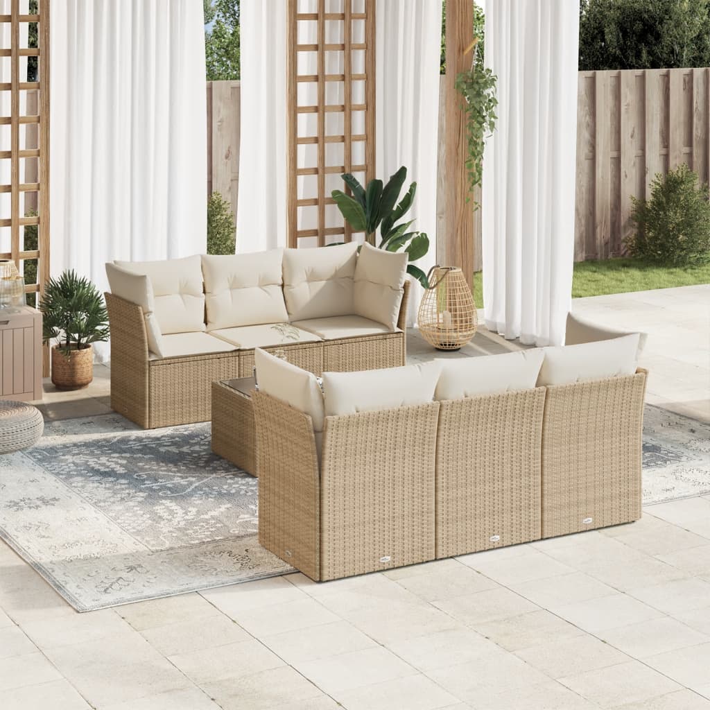 Set sofás de jardín 7 piezas y cojines ratán sintético beige