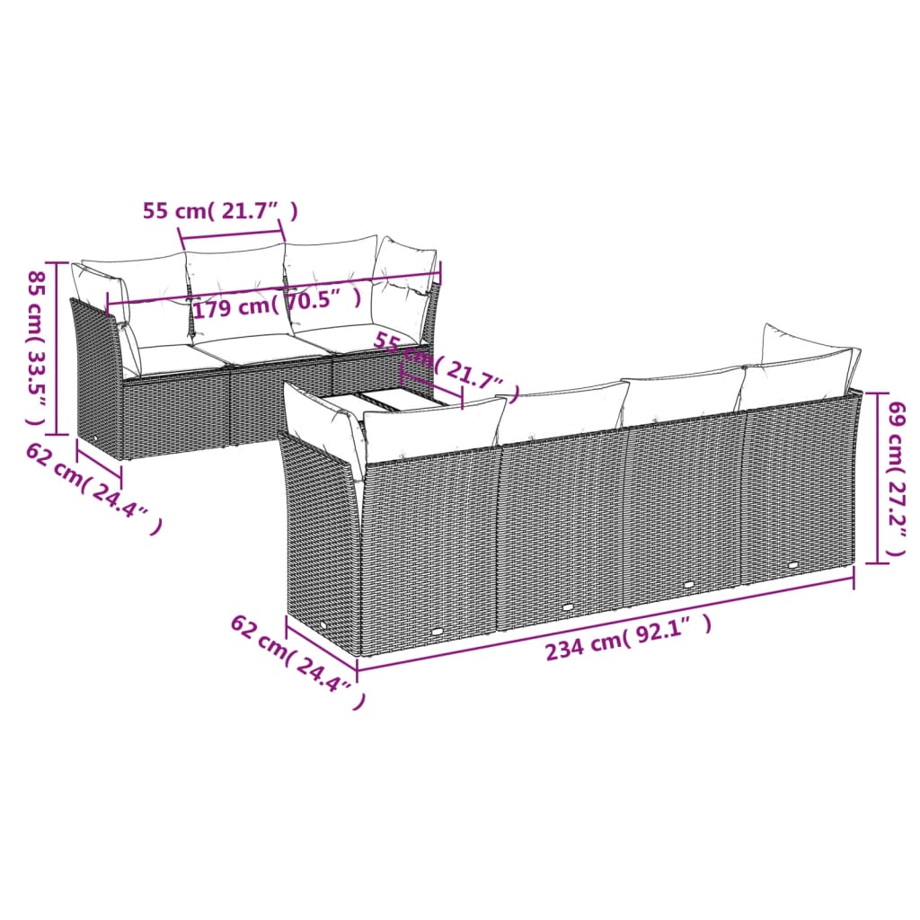 Gartensofas Set 8 Stücke und schwarze synthetische Rattankissen