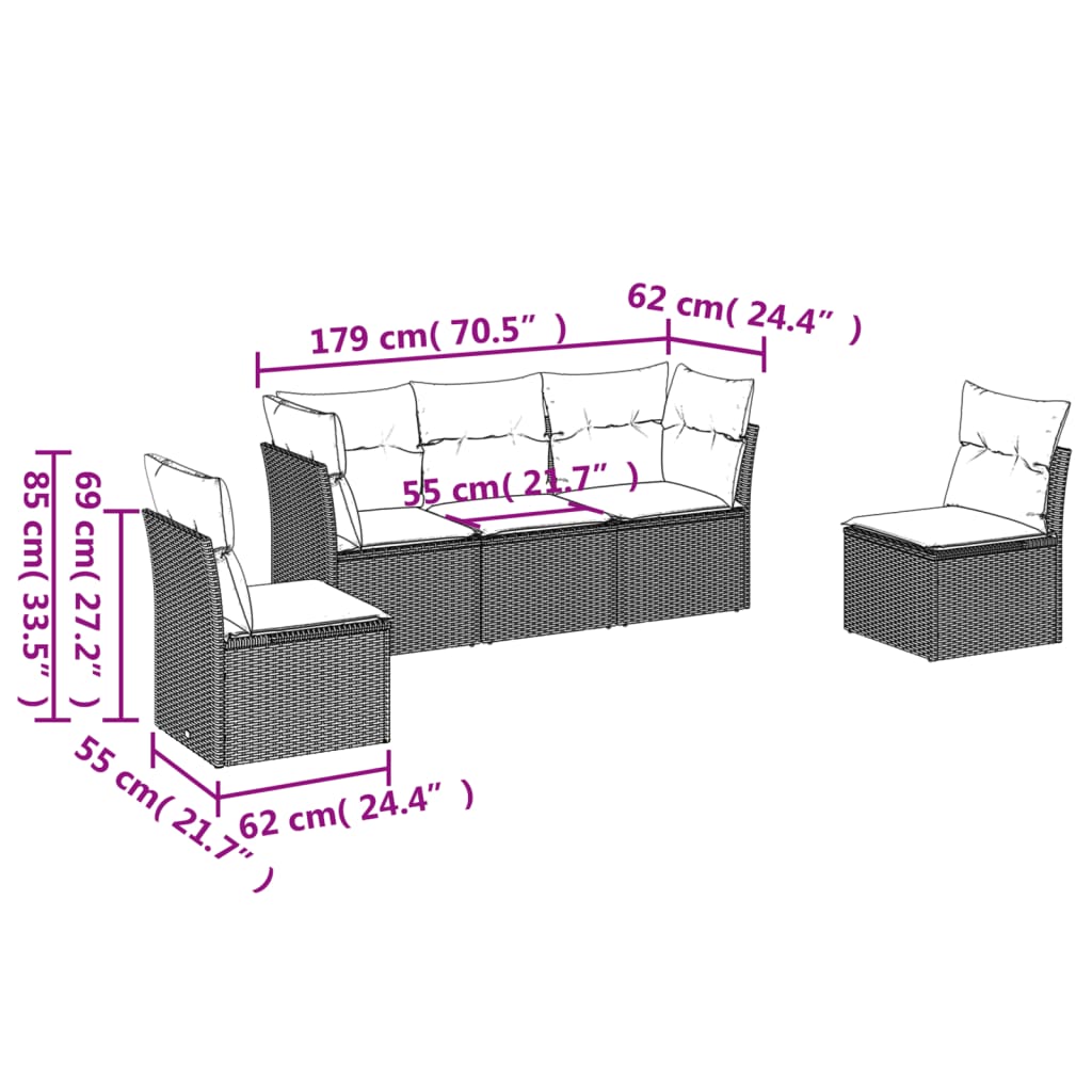 Set de muebles de jardín 5 pzas y cojines ratán sintético negro