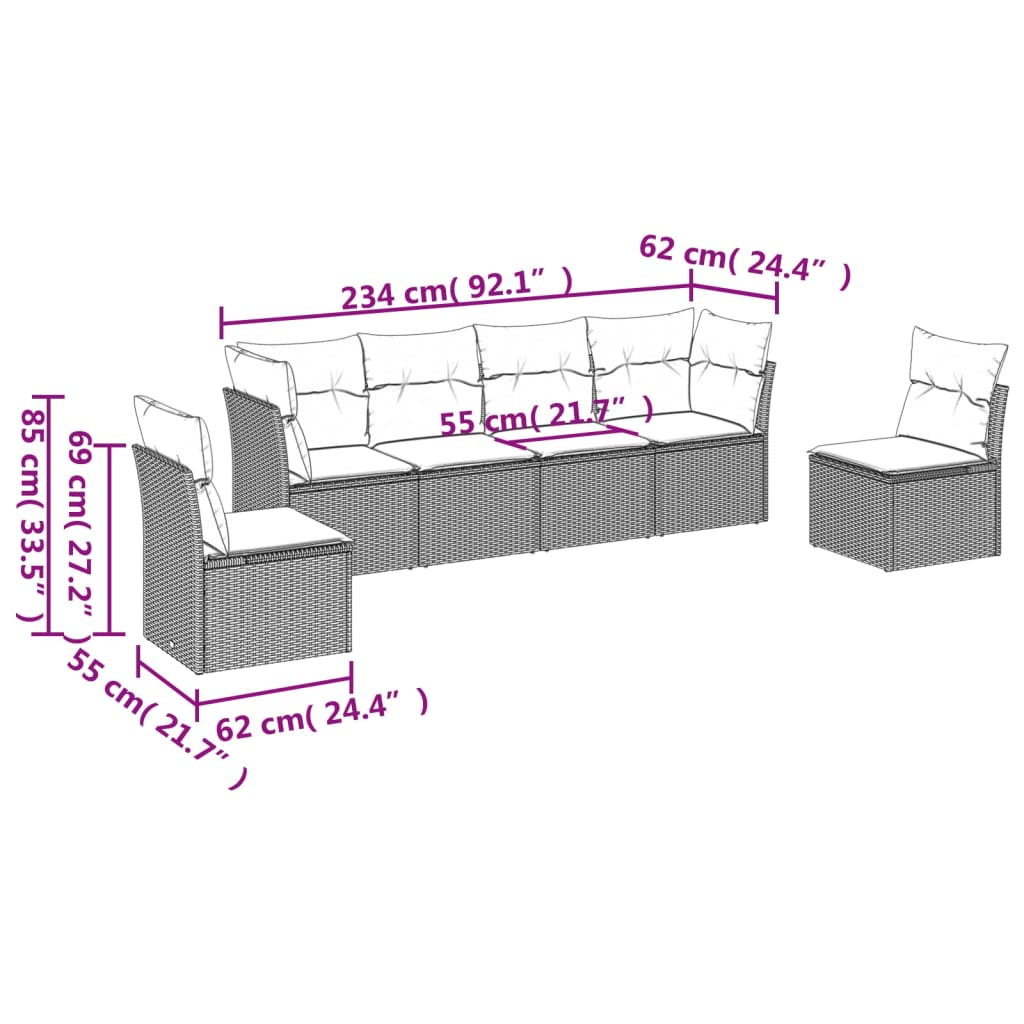 Garden Sofas Set 6 pieces and black synthetic rattan cushions